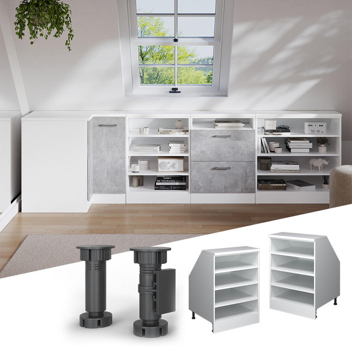 KUCHYNSKÁ SKRIŇA PRE ŠIKMÉ STRECHY R-Line biely 60 cm s 4 priehradkami, korpus skrine hĺbka 60 cm - biela, kompozitné drevo (60/83.8/60cm) - Vicco