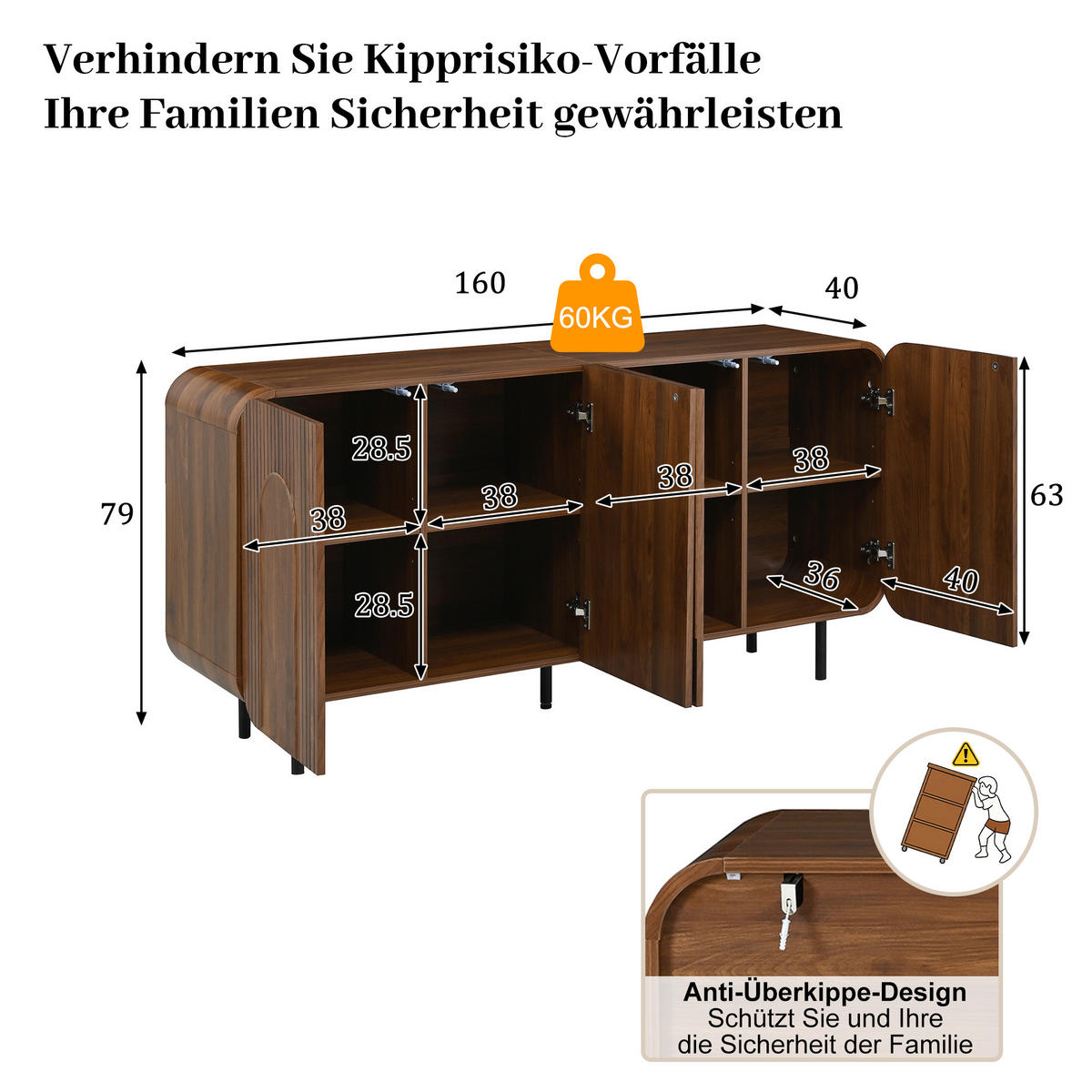 SIDEBOARD Mid-Century 4 Türen Nussbaum 8 Fächer modern - Walnussfarben, Holzwerkstoff (40/79/160cm) - FLIEKS