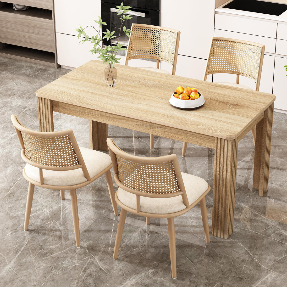 ESSZIMMERSTÜHLE 4er-Set mit PU-Sitz und Rattan-Rückenlehne Beige - Beige, Holz (46/80/48.2cm) - Meubliv