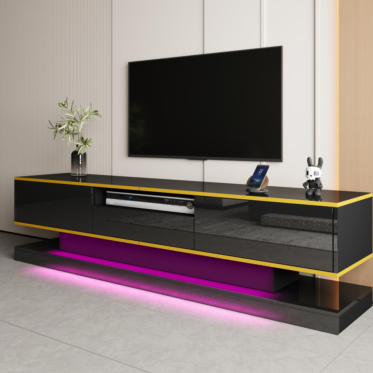 TV-ELEMENT mit 3 Schubladen 180 x 38 x 45 cm Schwarz Hochglanz mit LED - Schwarz, Holzwerkstoff (38/45/180cm) - Beauniv