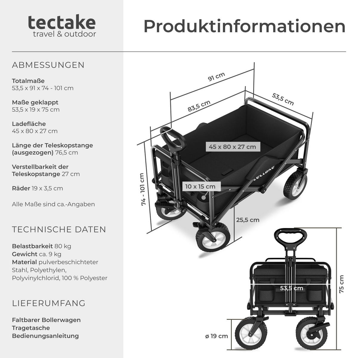 BOLLERWAGEN Leon, inklusive Tragetasche, Belastbarkeit 80 kg, schwarz - Schwarz, Kunststoff (53.5/101/91cm) - tectake