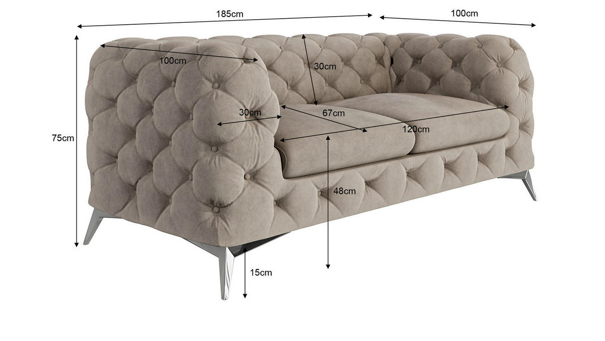 CHESTERFIELD-SOFA 2-Sitzer Laura Dunkle Creme Samt - Silberfarben/Creme, Holz/Textil (185/75/100cm) - S-Style Möbel