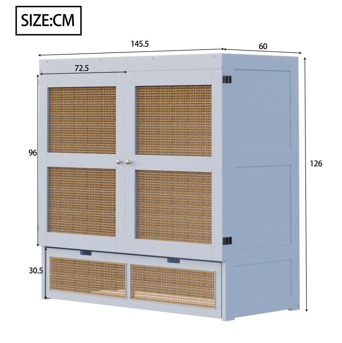 ZIDNI krevet od drva 140x200 cm sivi sa spremišnim ladicama, rotirajućim vratima 270° i ratan detaljima - siva, drvni materijal (135/190cm) - Modfu