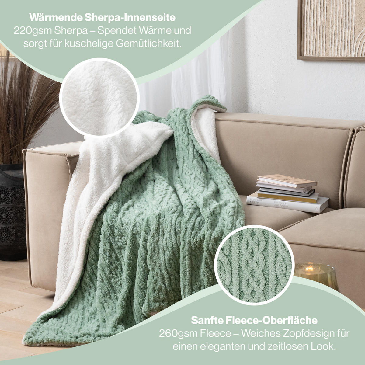 KUSCHELDECKE 220/240 cm, Grün & Beige - Grün/Sonoma Eiche, Textil (220/240cm) - Blumtal