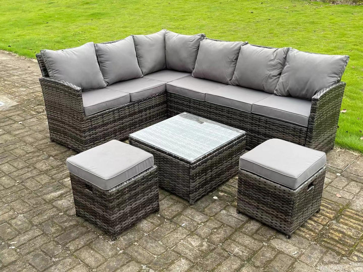GARTENMÖBEL SET mit Quadratischer Couchtisch Polyrattan Dunkelgrau 8-Sitzer - Dunkelgrau/Grau, Glas/Kunststoff - Fimous