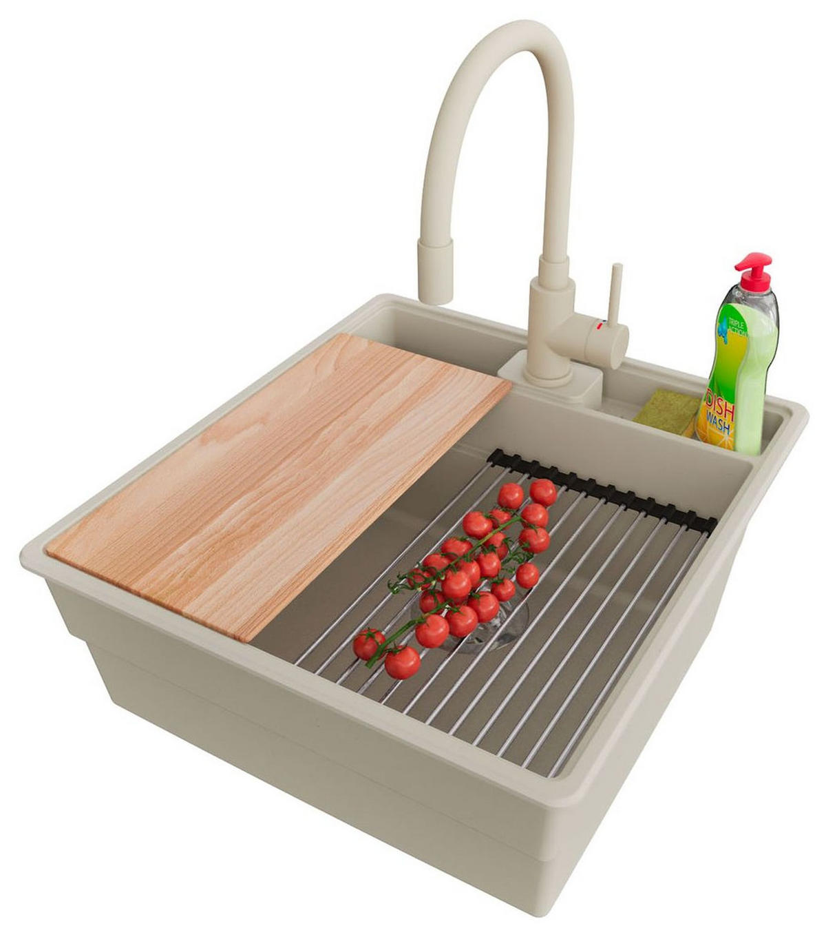 GRANITSPÜLE New York, 2-er set Beige 48/53 cm 1 Becken + Küchenarmatur 38/14 cm + Ablauf-Set + Küchenzubehörset ab 50er Unterschrank - Chromfarben/Beige, Kunststoff (48/20/53cm) - Primagran