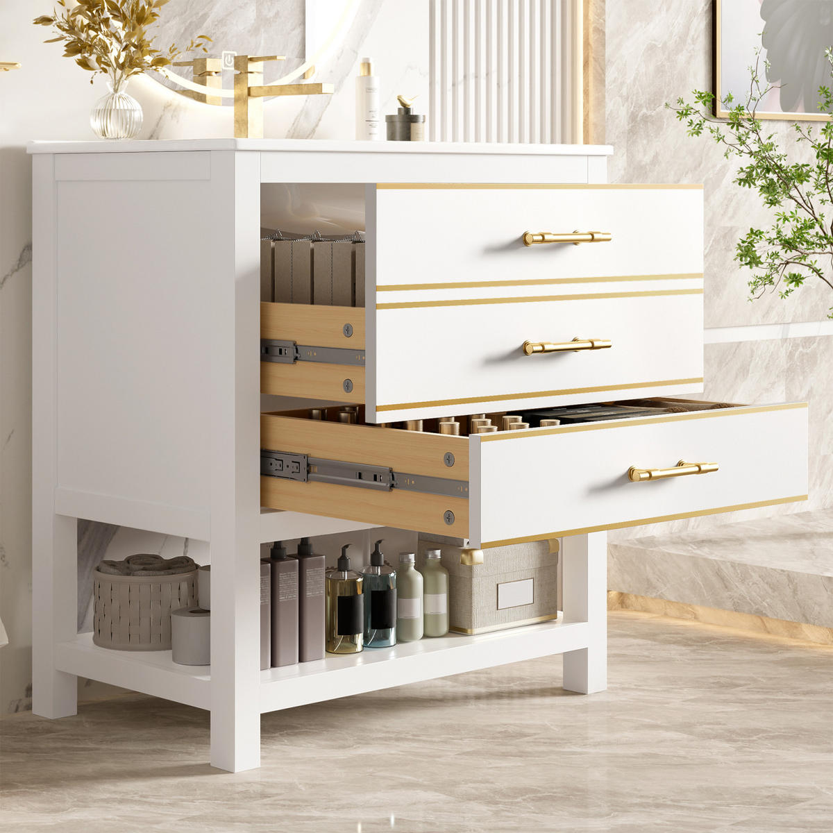 WASCHTISCH Badmöbel mit Keramikbecken Weiß 2 Schubladen Offenes Fach Goldgriffe - Goldfarben, Holz/Metall (76/86/46cm) - PARAFTA HOME