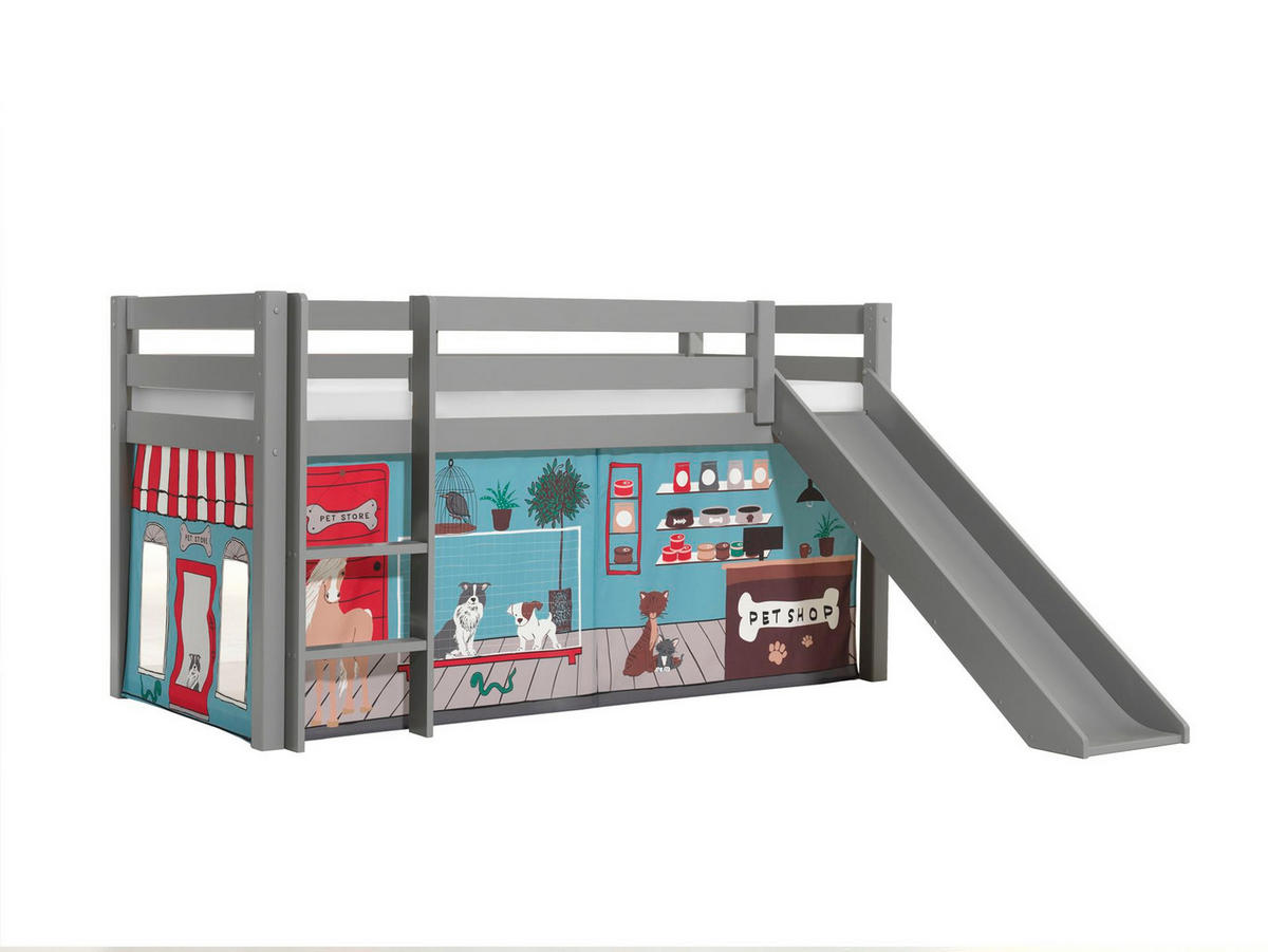 HOCHBETT mit Rutsche Karolina Massivholz Grau Textilset Pet Shop - Blaugrau/Grau, Holz (90/200cm) - 58aufmkessel