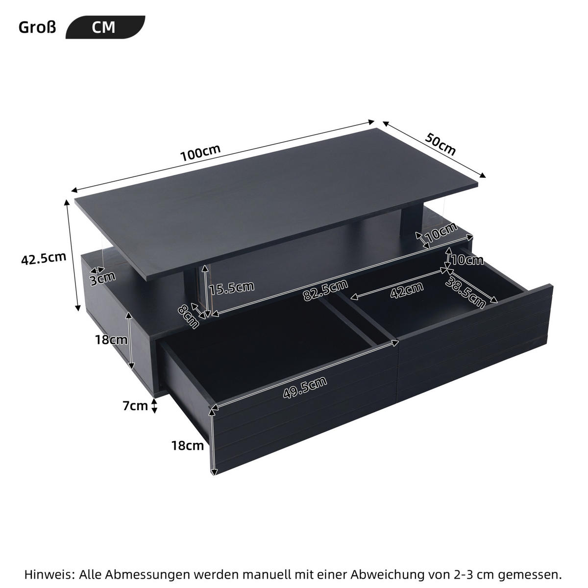 COUCHTISCH, Acryl Schwarz mit LED‑Beleuchtung, App- & Fernbedienung, doppelschichtiges Regal, 100/50/42 cm,Schwarz - Schwarz, Kunststoff (100/50/42cm) - Redom