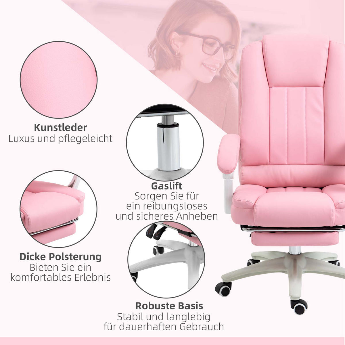 CHEFSESSEL, Bürostuhl, Kunstleder, Rosa - Rosa, Leder (68/116/65cm) - Vinsetto
