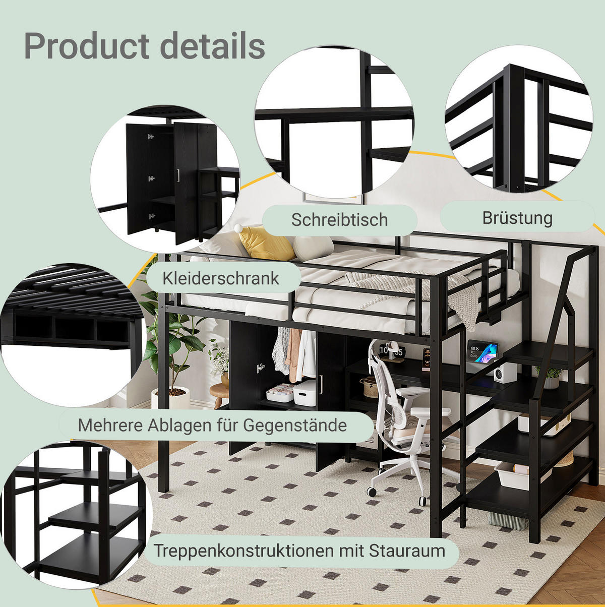HOCHBETT 140/200 cm Schwarz aus Metall und MDF mit Schreibtisch - Schwarz, Metall (140/200cm) - OKMYHOME