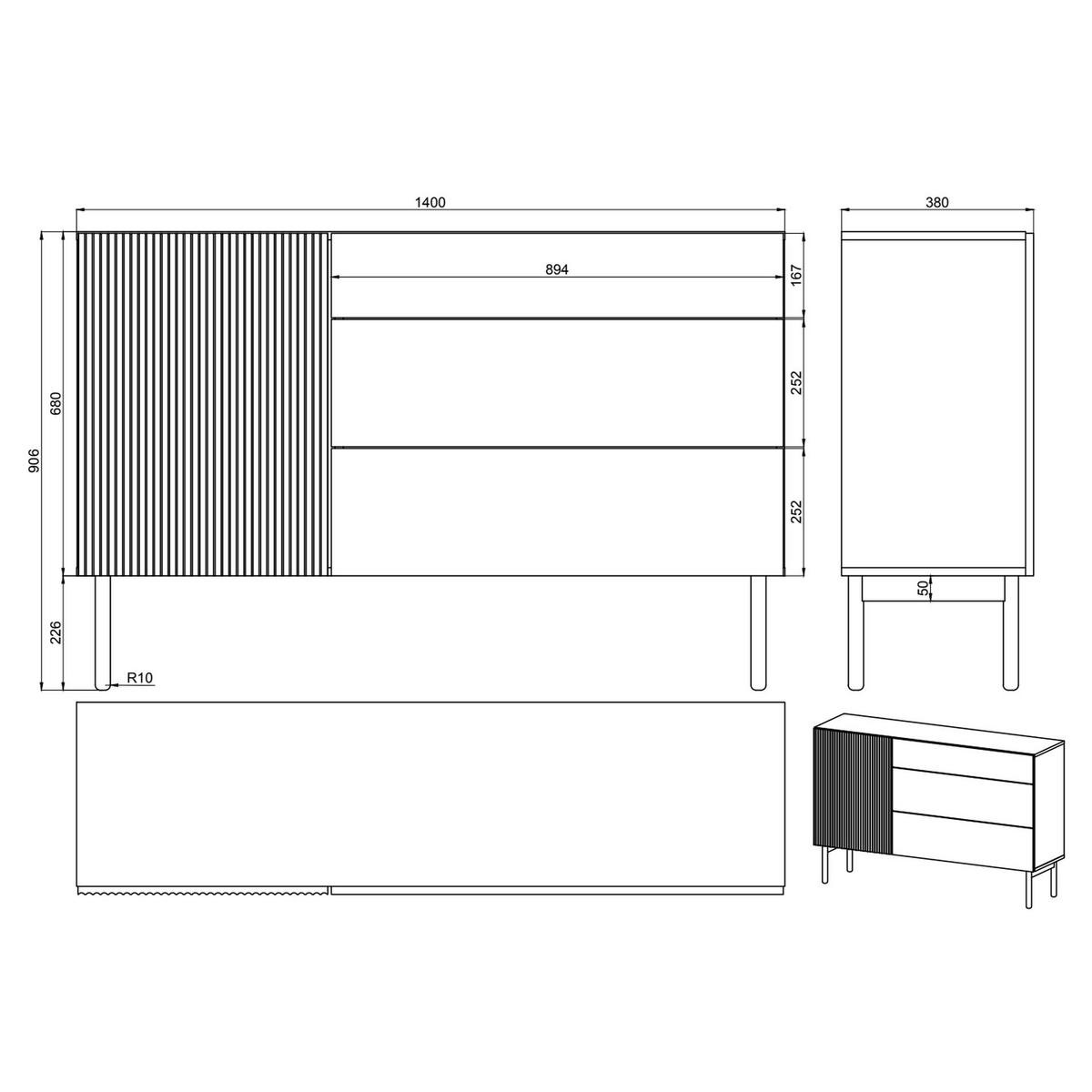 SIDEBOARD Nolie Holzoptik Esche Schwarz mit 3 Schubladen 140 cm - Schwarz, Holz/Holzwerkstoff (140/90.6/38cm) - Selsey