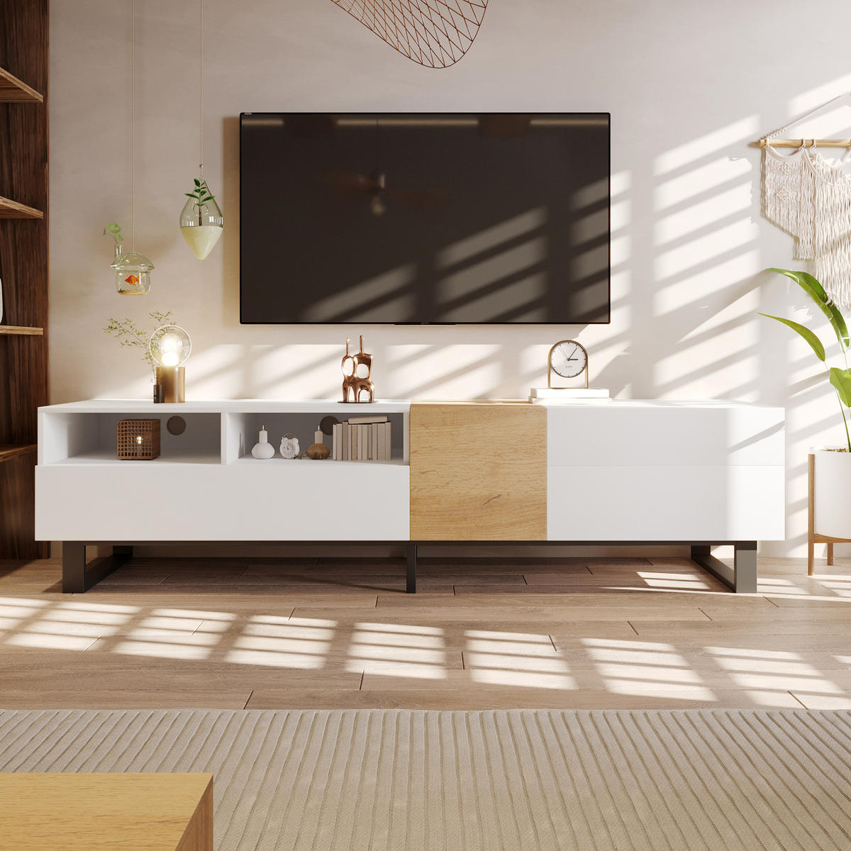 TV-SCHRANK aus MDF 180x38x50 cm Weiß und Holzoptik mit 2 Schubladen, 2 Türen und offenen Fächern - Weiß, Holzwerkstoff (180/50/38cm) - Modfu