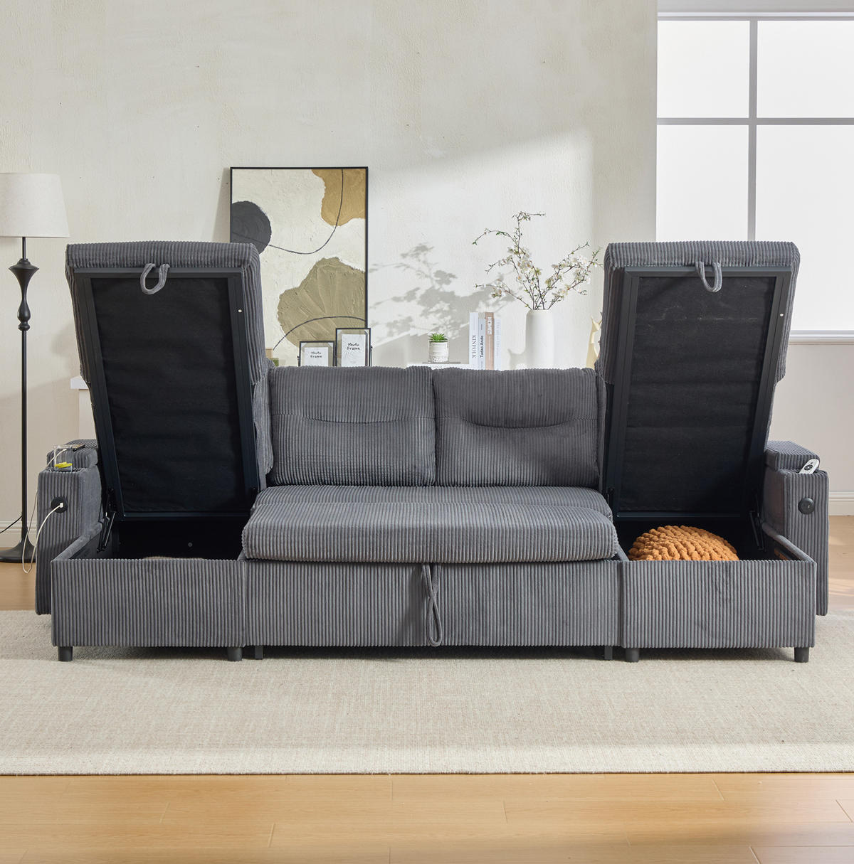 4-SITZER Wohnlandschaft Cord mit 2 Chaiselongues Stauraum und USB-Anschluss 272/136/86 cm Anthrazit - Anthrazit, Textil (136/86/272cm) - Redom