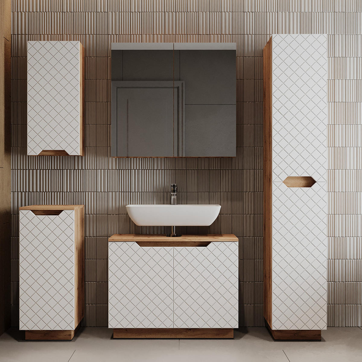 WASCHBECKENUNTERSCHRANK Lotta Eiche/Weiß mit Kachelstruktur 79.6 x 62.1 cm mit 2 Türen - Eichefarben/Weiß, Holzwerkstoff (79.6/62.1/32cm) - Vicco