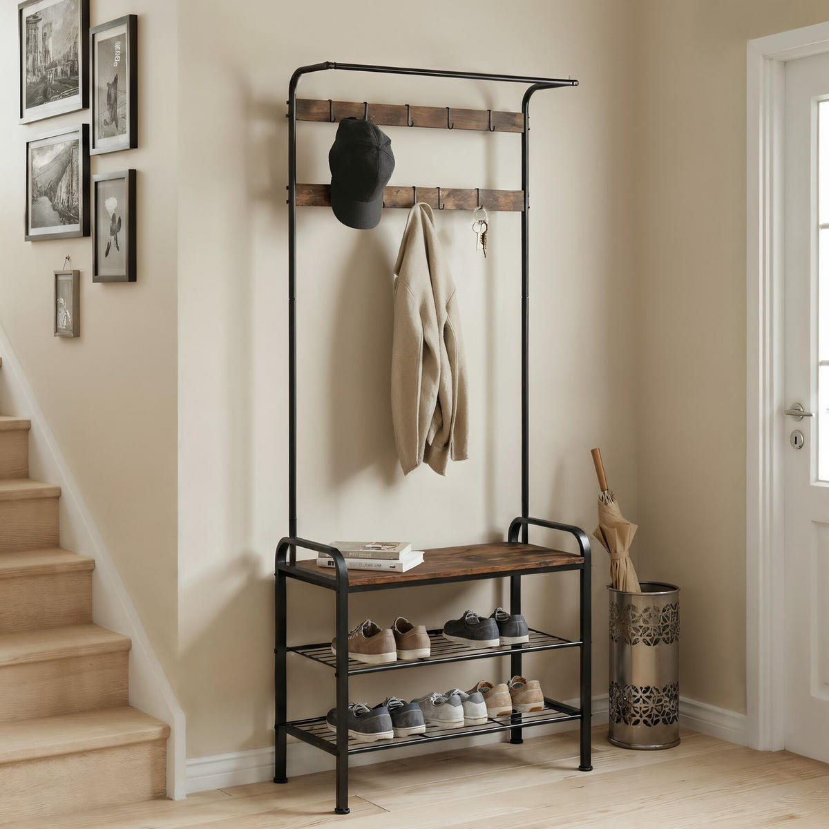 GARDEROBENSTÄNDER Wichita, inklusive Kippschutz, 73,5 x 36 x 184 cm, Industrial Holz dunkel, rustikal - Rostfarben, Textil (36/184/73.5cm) - tectake