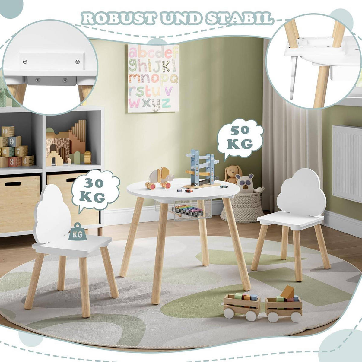 KINDERSITZGRUPPE runder Tisch, Weiß - Naturfarben/Weiß, Holz/Holzwerkstoff (52/44/52cm) - Woltu