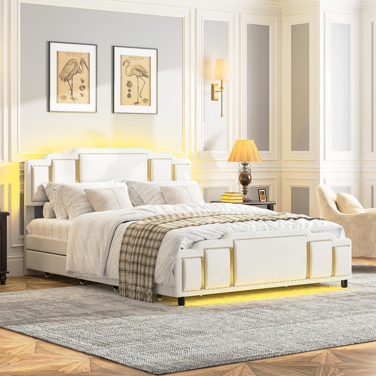POLSTERBETT 140/200 cm Beige mit 2 Schubladen und LED-Ambientebeleuchtung - Beige, Textil (140/200cm) - Oxeza