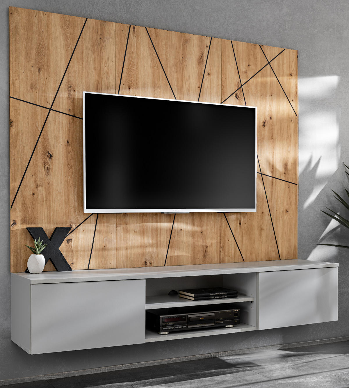 TV-LOWBOARD grau, Eiche Artisan 160, TV-Unterschrank hängend mit Akustikpaneel - Hellgrau/Eiche Artisan, Glas/Holzwerkstoff (160/148/35cm) - Inn.Furn