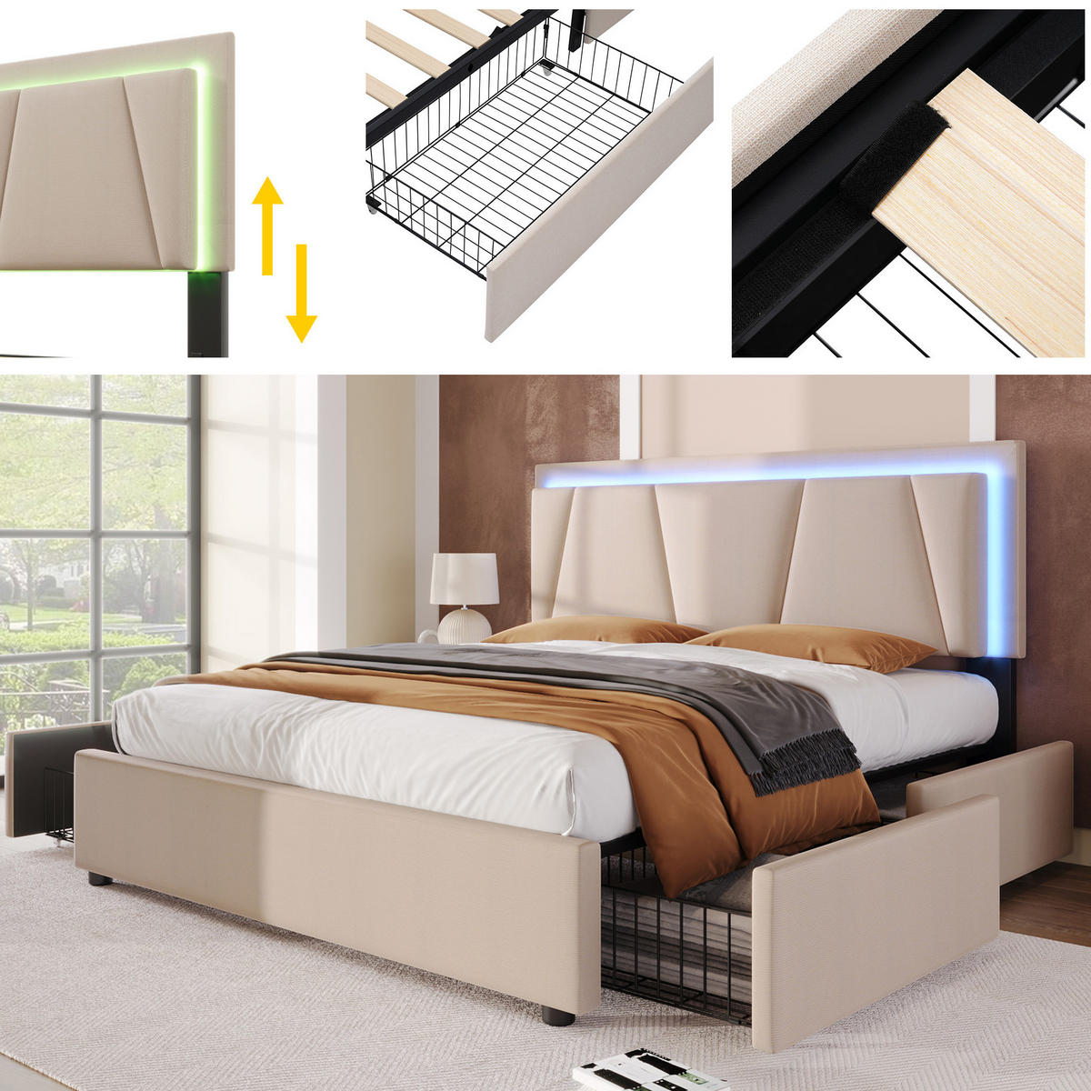 POLSTERBETT 140/200 cm Beige aus Holz mit LED-Beleuchtung - Beige, Holz (140/200cm) - OKMYHOME