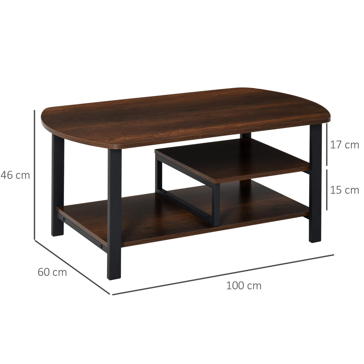 COUCHTISCH mit Stauraum, E1 Spanplatte, Eisen, Braun - Braun, Holzwerkstoff/Metall (100/60/46cm) - HOMCOM