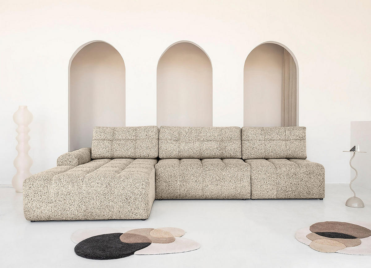 ECKSOFA mit Schlaffunktion - Strukturstoff - Creme/Schwarz, Kunststoff/Textil (338/184cm) - home24