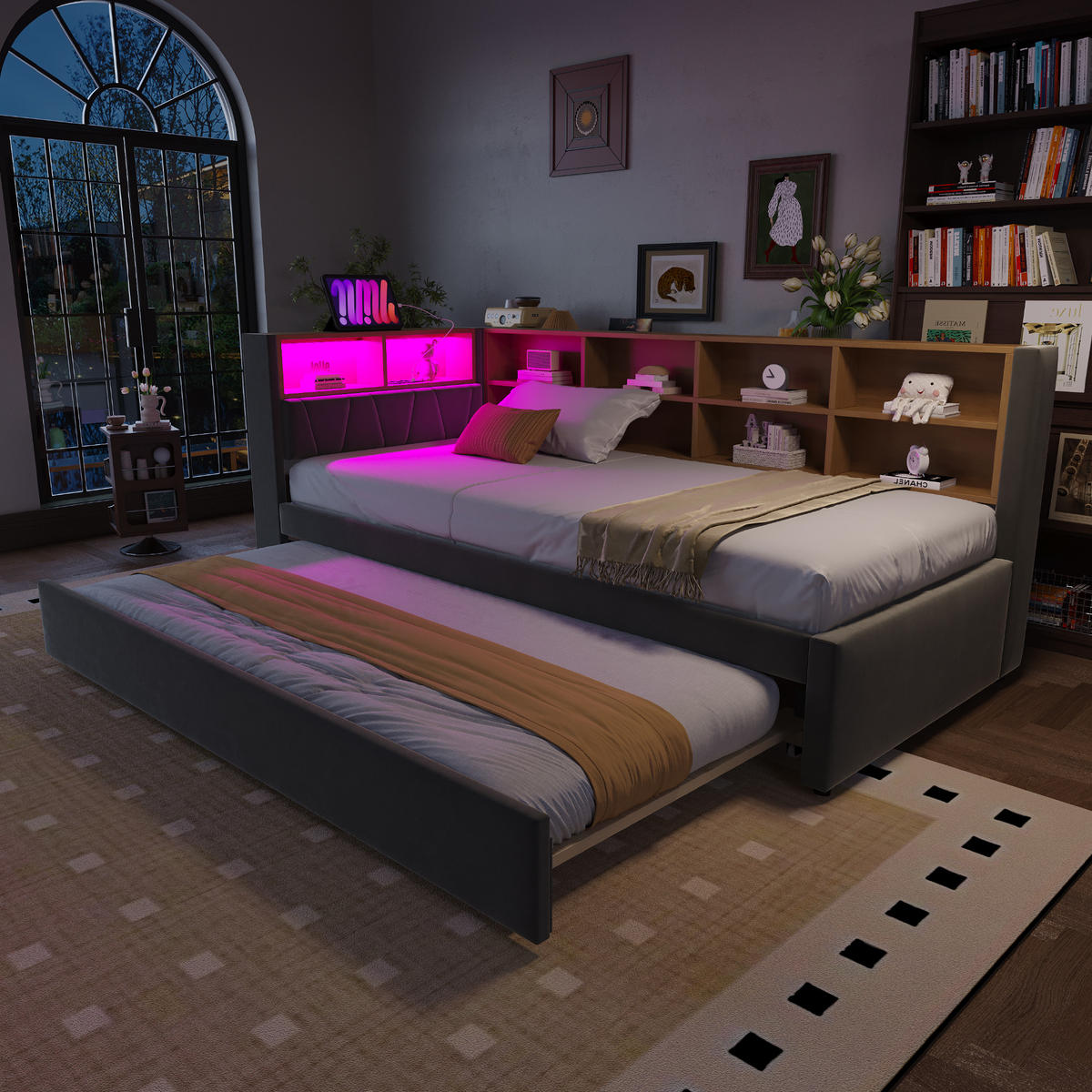 POLSTERBETT 90x200 cm LED USB dunkelgrau - Dunkelgrau, Textil (90/200cm) - LEBENLANG