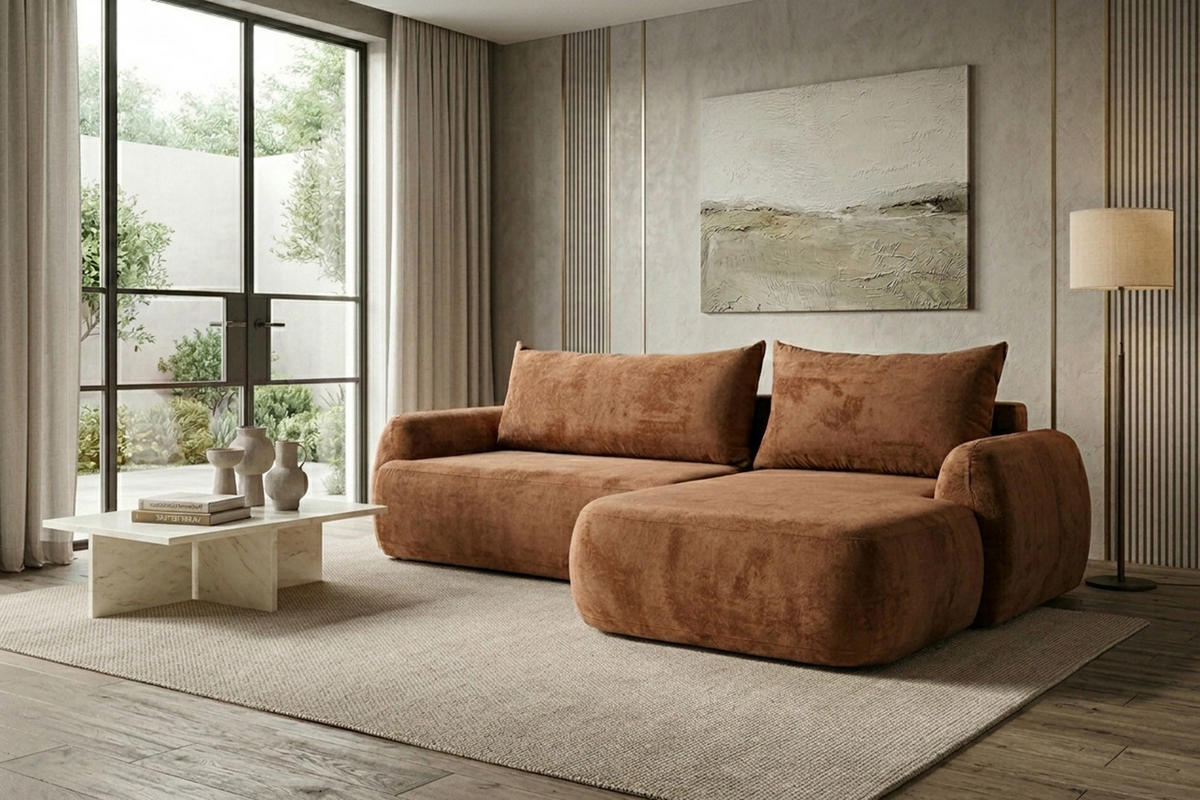 ECKSOFA Mit Schlaffunktion Und Bettkasten, Chenille-Stoff Perfecto, Kupfer, Rechts, HELA II - Kupferfarben, Holz (280/184cm) - Kaiser Möbel
