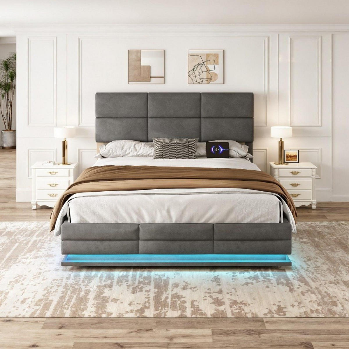 BOXBETT 140/200 mit Bettkasten, LED, USB/Typ C-Ladeanschluss,Samt,Grau - Grau, Holz (140/200cm) - LVHOM