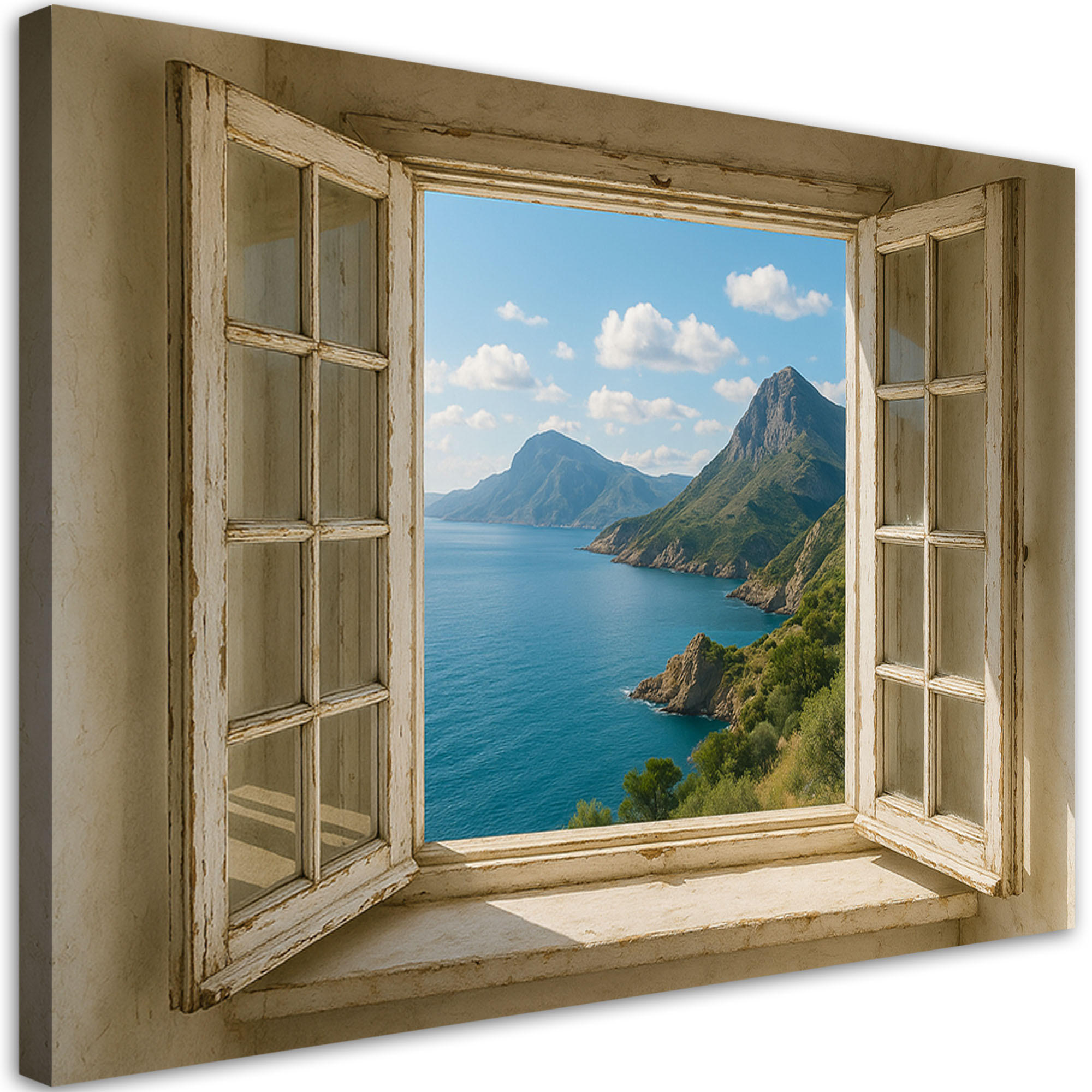 LEINWANDBILD Fensterblick Meer Berge Shabby Chic 120x80cm - Blau, Textil (120/80cm) - Feeby