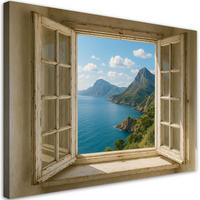 LEINWANDBILD Fensterblick Meer Berge Shabby Chic 120x80cm - Blau, Textil (120/80cm) - Feeby