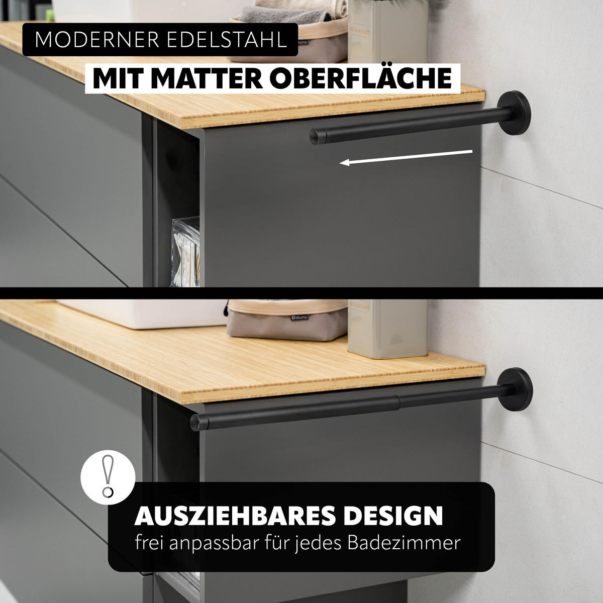 TELESKOPHANDTUCHSTANGE PIAZZA BLACK mit Kleber, Edelstahl, schwarz - Schwarz, Metall (50/6/50cm) - bremermann