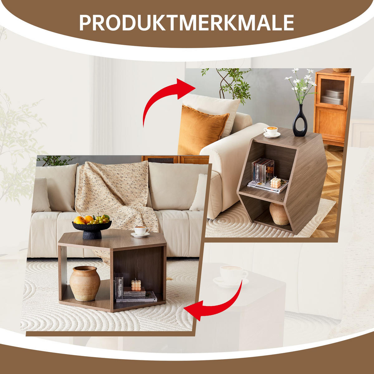 COUCHTISCH 69/79/40cm,Sechseckiger Tisch,Beistelltisch aus MDF,Braun - Braun, Holz (79/69.4/40cm) - LVHOM