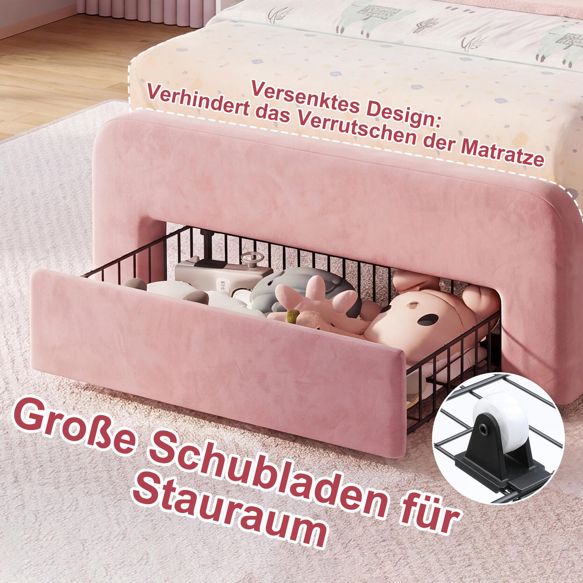 KINDERBETT 90 x 200 cm mit LED Hasenohren Kopfteil,Polsterbett mit Lattenrost, Samtstoff, Mit Schubladen,für Kinder, Mädchen - Pink, Holz/Holzwerkstoff (90/200cm) - BursDany