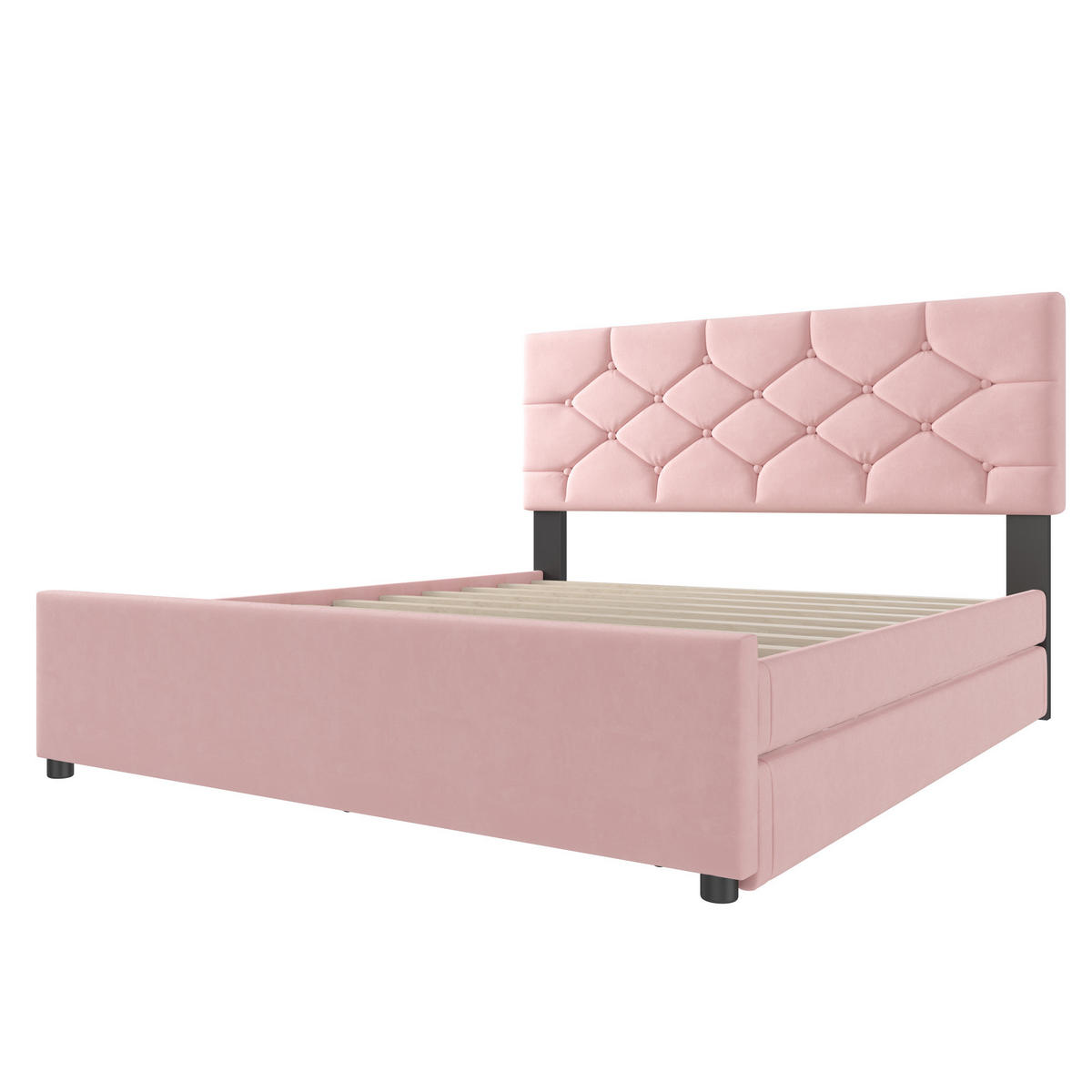 POLSTERBETT 140/200 cm in Rosa aus Samt mit Rollbett und Lattenrost - Rosa, Textil (140/200cm) - Flora Grace