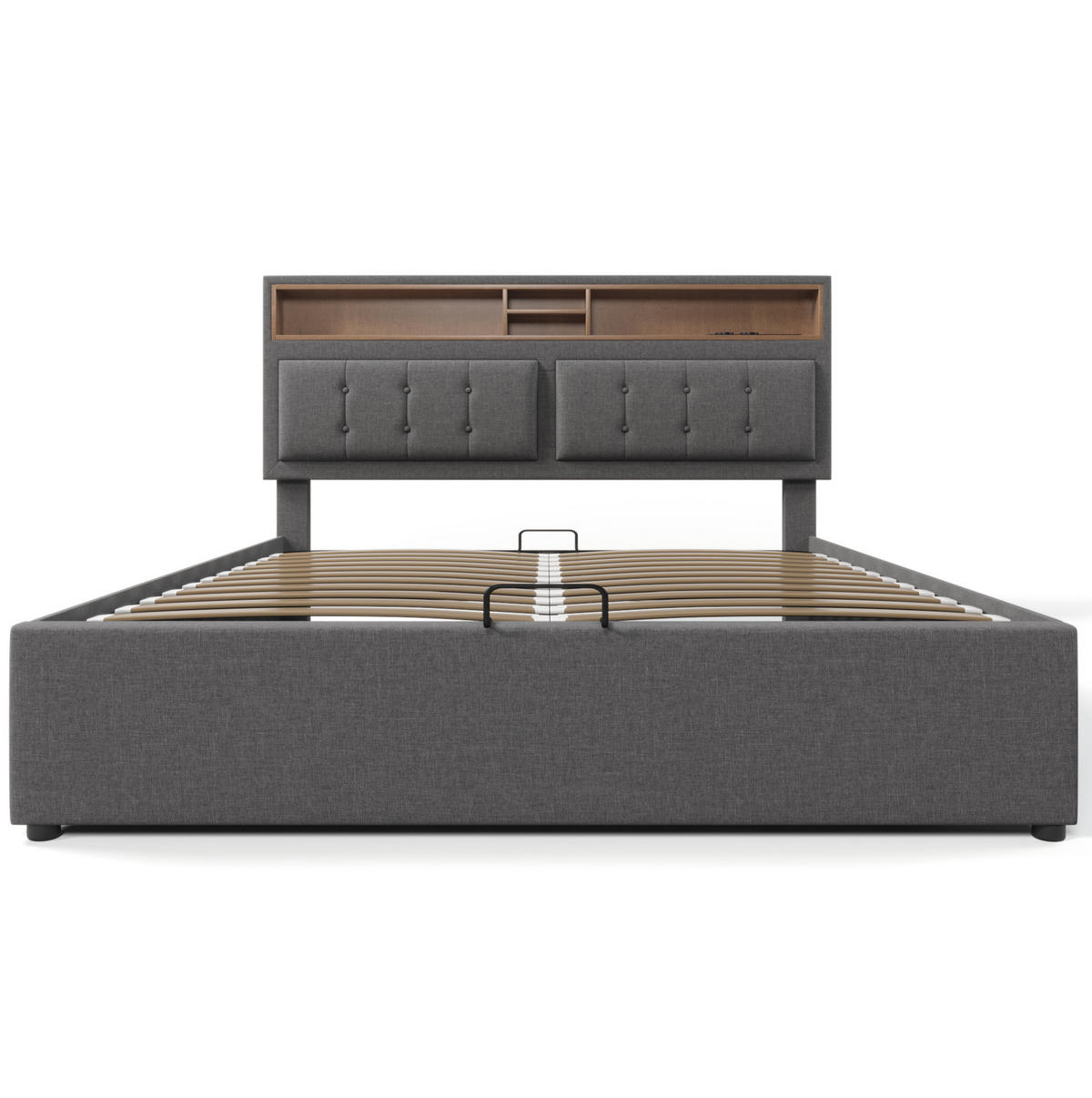 POLSTERBETT aus Leinen 160x200 cm Grau mit Matratze, Stauraum, USB-C und Steckdosen - Grau, Textil (160/200cm) - IVMEU
