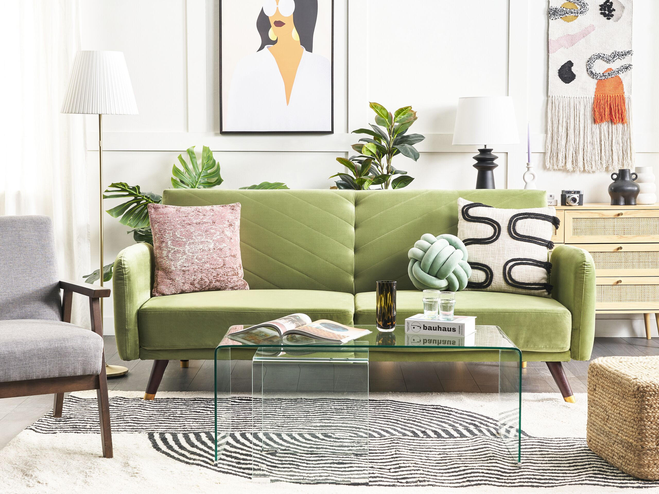 3-SITZER-SCHLAFSOFA Samtstoff Olivgrün Senja - Olivgrün, Textil (200/87/95cm) - Beliani