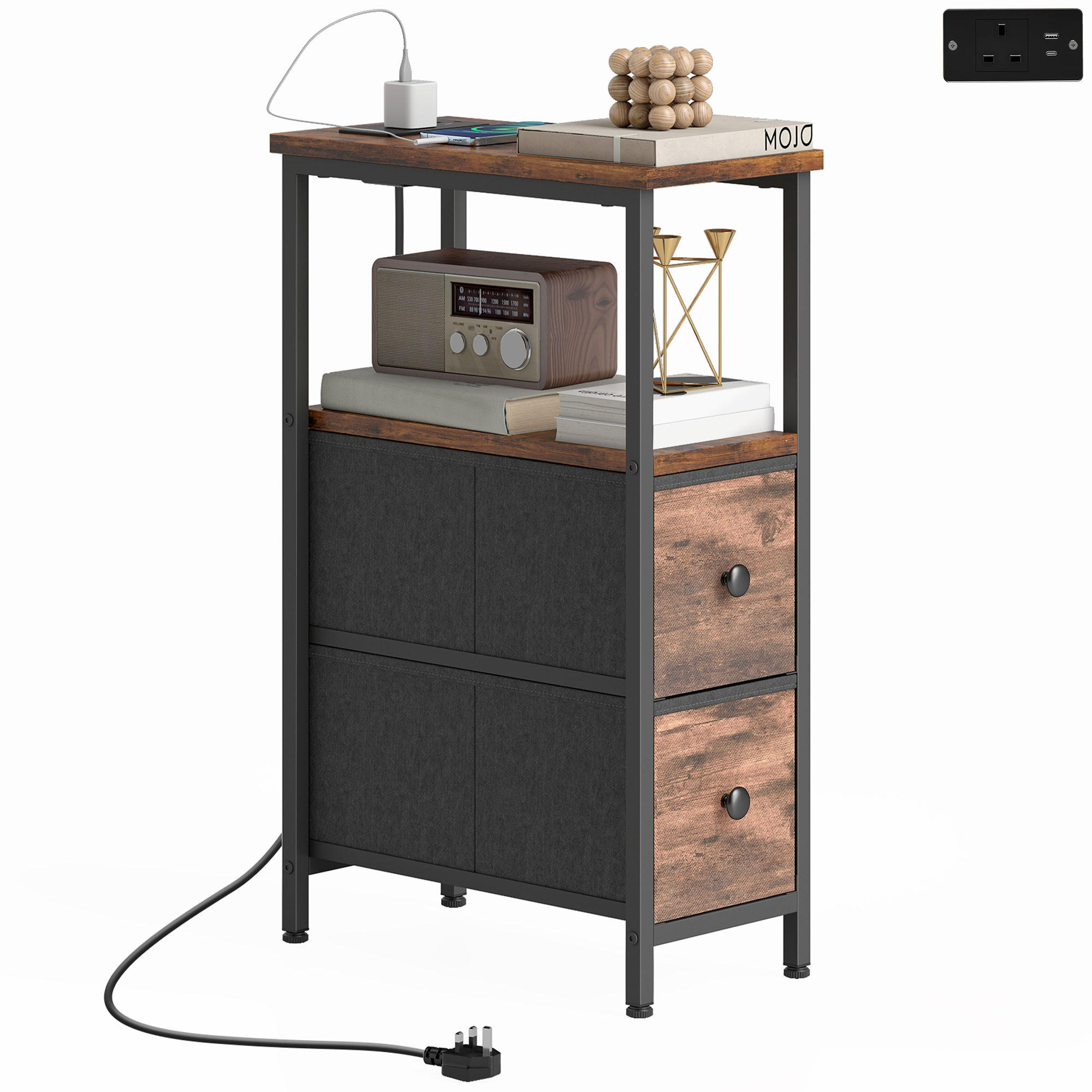 BEISTELLTISCH DE-08771 mit Ladestation & 2 Schubladen Rustikal-Braun - Braun, Metall (40/20/63cm) - ComfortXL