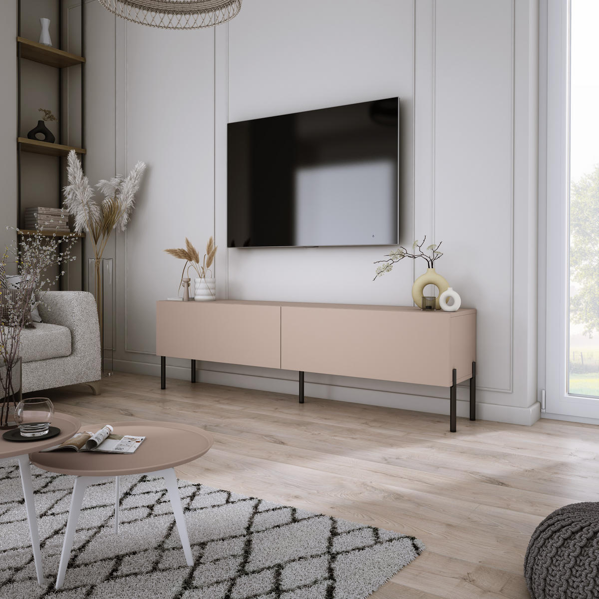 TV-SCHRANK : Karamellbraun, 140 x 52 x 32 cm, schwarze Beine - Schwarz/Braun, Holzwerkstoff/Metall (140/52/32cm) - 3XE LIVING