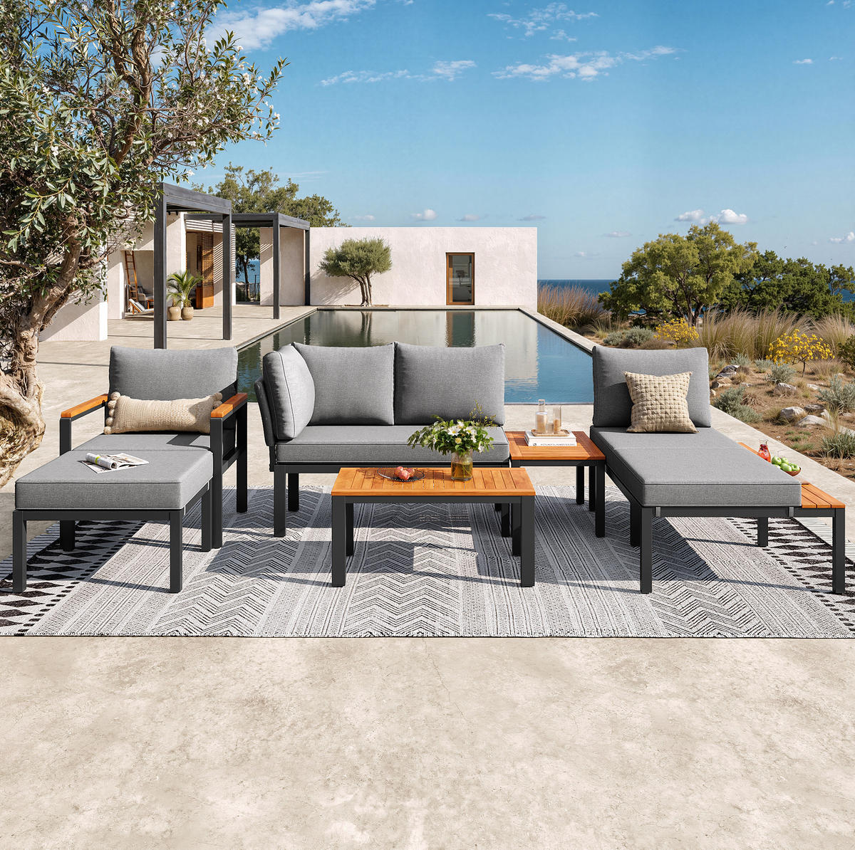 LOUNGEGARNITUR aus Akazienholz & Eisen Grau mit modularer Kombination - Grau, Metall - Modfu