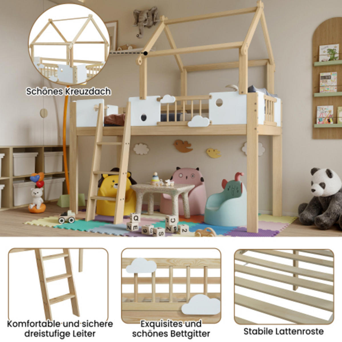 HOCHBETT 90x200 cm mit Dach und Schutzgitter, Kiefer-Massivholz & MDF, weiß-natur - Weiß, Holzwerkstoff (90/200cm) - Luhomfu