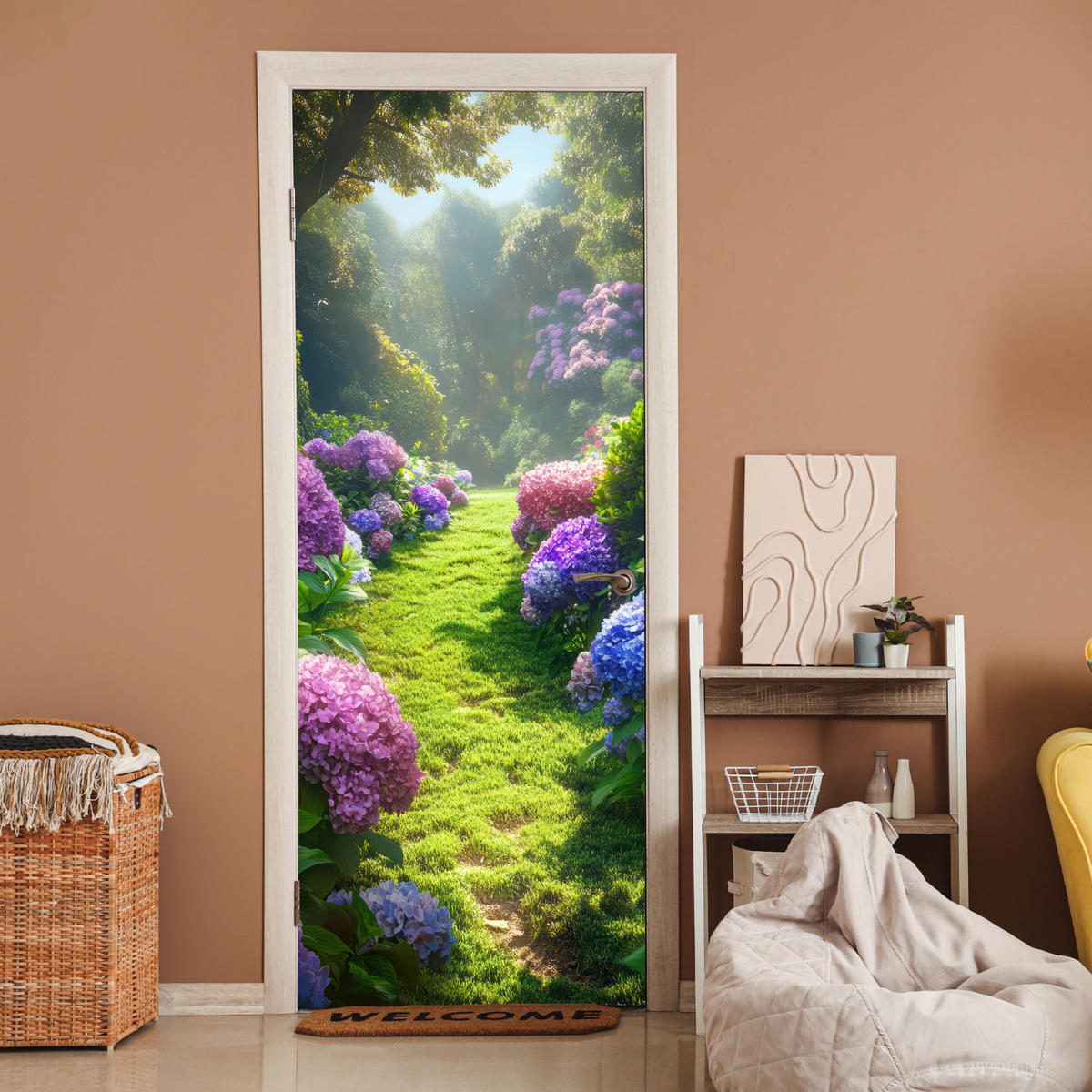TÜRAUFKLEBER Selbstklebend - Natur - Hortensie - Blumen - Grün 95x235 cm - Türtapete - Hellgrün, Kunststoff (95/0.1cm) - MuchoWow