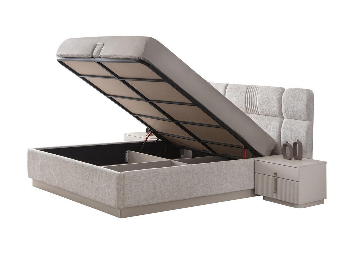 BETTANLAGE LINE Schlafzimmer-Set, 4-teilig, Creme, Bett mit Kopfteil 2 Nachttischen und Kleiderschrank - Creme, Leder/Holzwerkstoff (160/200cm) - Villa Möbel