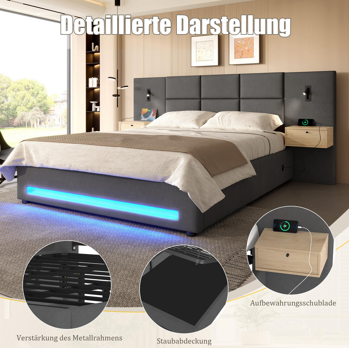 BETT mit Stauraum 180x200 cm Samt Dunkelgrau mit USB-C und LED - Dunkelgrau, Metall (180/200cm) - Meubliv