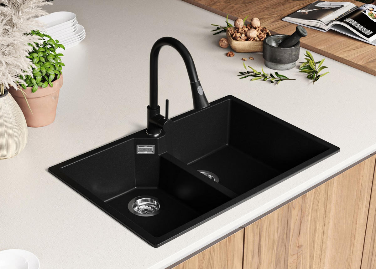 SPÜLBECKEN Madrid Twin, 2-er set Alles Schwarz 78/50 cm 2 Becken + Ablauf-Set ab 80er Unterschrank - Schwarz, Kunststoff (78/19/50cm) - Primagran