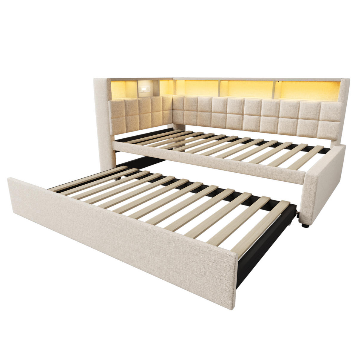 POLSTERBETT 90/180x200 cm Beige mit LED-Beleuchtung und Bluetooth-Lautsprecher - Beige, Textil (90/200cm) - Flora Grace
