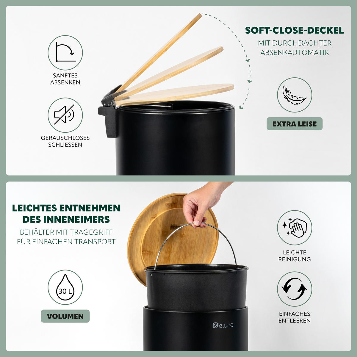 ABFALLEIMER 30 Liter, schwarz, Metall - Schwarz, Metall (30.5/60/39cm) - eluno