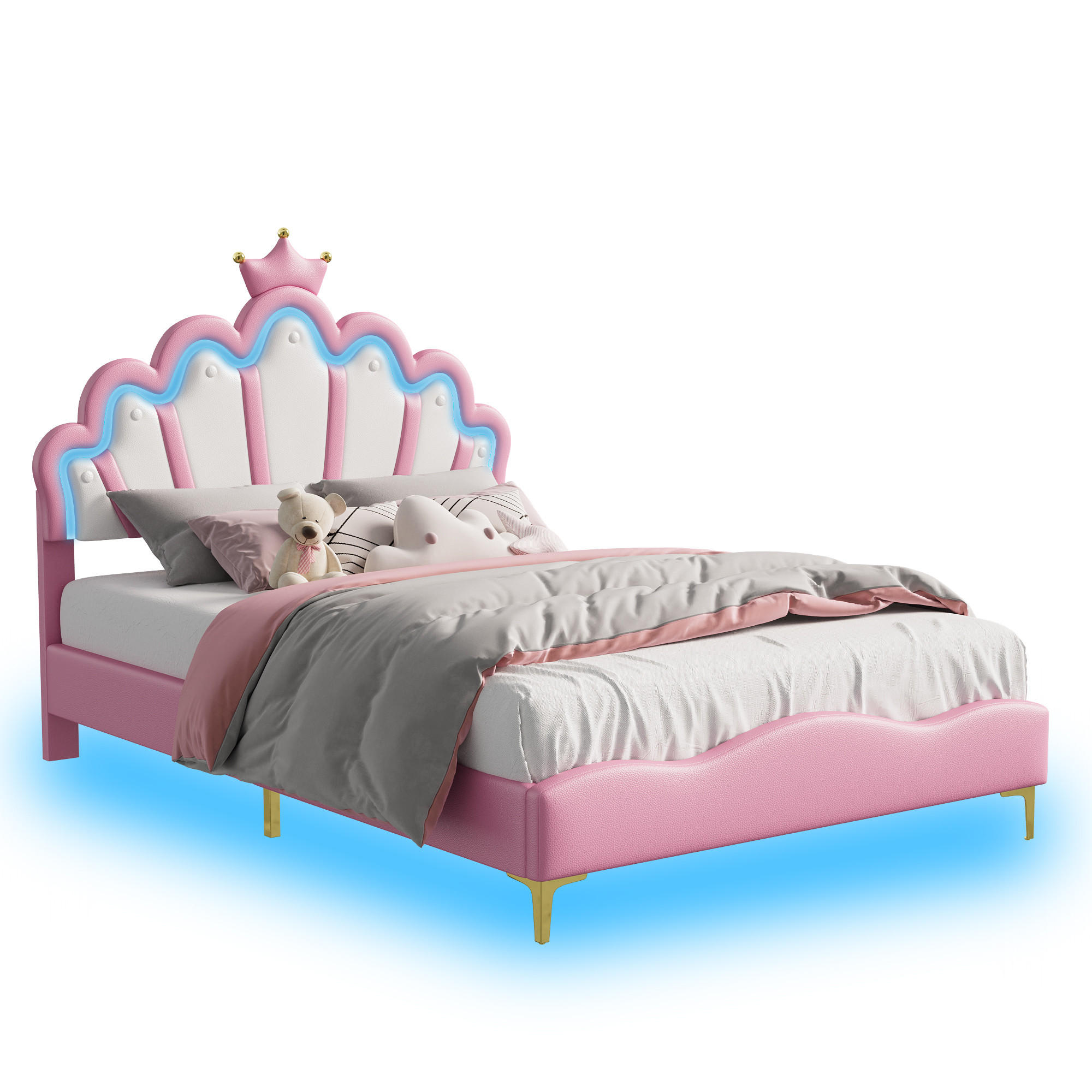 KINDERBETT 140 x 190 cm, Prinzessinnen, mit RGB-LED-Beleuchtung, gepolsterter Krone, höhenverstellbarem Bettgestell, Rosa - Pink, Leder/Holz (190/140cm) - BursDany