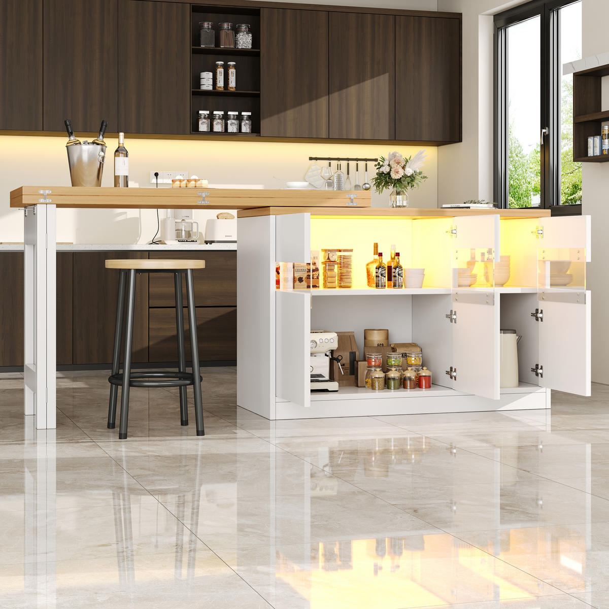 BAROVÝ PULT OTOČNÝ 360° 120-180cm LED ÚLOŽNÝ PROSTOR BÍLÝ - bílá, kompozitní dřevo (40/120/75.8cm) - FLIEKS