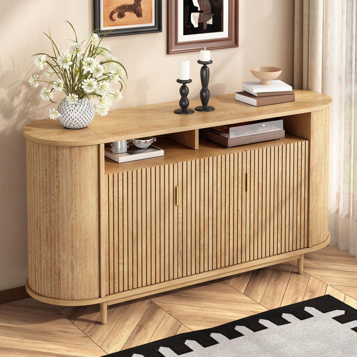 SIDEBOARD 3 Türen mit Holzoptik und Rillenfront - Naturfarben, Holzwerkstoff (140/78/40cm) - FLIEKS